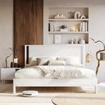 Bme Vivian Deluxe Rustic White King Bed Frame with Headboard - Rustic & Scandinavian Style with Solid Acacia Wood - No Box Spring Needed - 12 Strong Wood Slat Support - Easy Assembly