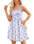 Hotouch Summer Dress Casual Square Neck Womens Sleeveless Floral Mini Dress with Pockets Short Mini Dress