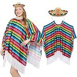 2 Pcs Adults Mexican Serape Poncho Costume Straw Sombrero Headbands Set, Fiesta Ponchos Sombrero Hats Mexican Hat Headband for Cinco De Mayo Party Decorations Birthday Costume Accessories Women Men