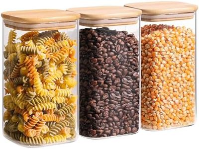 ComSaf 1.3L Glass Storage Containers with Lids, Glass Jars with Lids, Clear Food Storage Jar, Square Glass Canister Set of 3, Pantry Organizers and Storage for Flour Oat Pasta Tea Cookie Coffee Bean