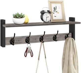 Homode Wall Hooks With Shelf, 24 Inch Coat Rack Wall Mount for Entryway, Clothes, Backpack, Key, Purse - Floating Shelf Hanging in Bathroom, Bedroom, Hallway, Rustic Grey