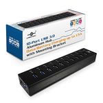 Vantec 10-Port USB 3.0 Hub, Aluminum, Full Powered, Mountable, with All Ports Data & Charging Up to 1.5A, BC 1.2, Premium 12V/5A, 60W Power Adapter (UGT-AH110U3-BK),Black