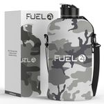 Fuel24 Jug with Insulated Sleeve & Removable Shoulder Strap | 2.2 Litre Water Bottle | Extra Strong Material | Drop Proof, Pop or Straw Cap | 2.2L Large Gym Sports Bottle | BPA FREE (Pop Cap, Camo)