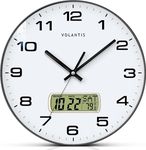 VOLANTIS 12 Inch Non-Ticking Silent Wall Clock with LCD Display for Perpetual Calendar and C° Temperature, Ideal Modern Stylish Clock for Home, Living Room, Bedroom, Office (Black & White)