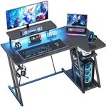 HOMIDEC Gaming Desk with LED Lights, 100CM Computer Desk with Monitor Stand, L Shaped Corner Desk with Headphone Hook and Shelves for Gaming Room, Bedroom, Office, Black