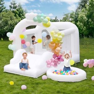 Step4Fun White Bounce House with Slide Ball Pit, Family Backyard Inflatable Bouncy Castle with Air Blower for Wedding Party Kids Birthday Party Gift, Easy to Install and Durable Oxford Cloth