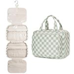 Narwey Checkered Hanging Travel Toiletry Bag for Women Wash Bag Cosmetics Makeup Bag Organizer for Travel Size Accessories(Checkerboard Mint Green (Medium))