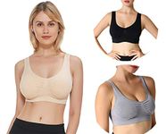 JOJOANS 3 Pack Bra Bralette Ultimate Comfort Bra Padded Seamless Plus Size Light Support Sports Bra for Yoga Stretch Wireless Leisure Underwear, XXL