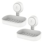 LEVERLOC Suction Soap Dishes for Bathroom 2 Pack, Wall Mounted Soap Holder Bar for Shower, Max Hold 5 KG, Drill-Free, Removable Plastic Soap Case with Drainage, Sponge Holder - White