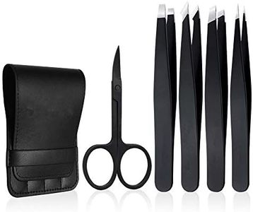 Tweezers Set 5-Piece - Professional Stainless Steel Tweezers with Curved Scissors, Best Precision Tweezer for Eyebrows, Splinter & Ingrown Hair Removal with Leather Travel Case (Black)