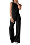 Tanou Black Jumpsuits for Women Crew Neck Sleeveless Loose Summer Casual Outfits One Piece Wide Leg Long Pants Rompers with Pockets