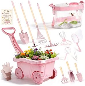 Dreamon Kids Gardening Tools & Bug Catcher Kit, 2-in-1 Outdoor Toys with Wheelbarrow and Bug House, STEM Educational Toys for 3 Year Old, Birthday Gifts Outdoor Gifts for Kids 3-5, Pink