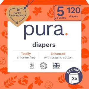 Pura Size 5 Eco-Friendly Diapers (24-35 lbs) Totally Chlorine Free (TCF), Hypoallergenic, Soft Organic Cotton, Sustainable, up to 12 Hours Leak Protection, Allergy UK, 6 Packs of 20 (120 Diapers)