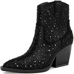 OOHRHN Women's Color Rhinestone Boots Glitter Sparkly Cowboy Booties Chunky Block Heel Pearl Detail Pointed Toe Bridal Wedding Western Ankle Boots Cowgirl Short Boots, Black Stone, 11