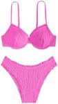 SweatyRocks Women's Bikini Sets for Women Textured Push Up Bathing Suits 2 Piece Swimsuit Bright Pink Large