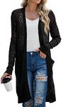 GRECERELLE Womens Lightweight Crochet Cardigan Open Front Casual Sweater Sun Protection Coverups with Pockets Black-L