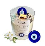 Khushboo Living Evil Eye Protection Candle with Gemstones – 100% Soy Wax, Essential Oil Infused, Luxury 450g Scented Candle for Calming & Home Decor, 40+ Hours Burn Time – Ideal Gift