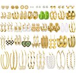 44 Pairs Gold Hoop Earrings Set for Women Multipack, Fashion Dangle Heart Statement Pearl Earrings Pack, Hypoallergenic Chunky Hoops Jewelry for Birthday Party Gift