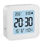 LATEC Alarm Clock Bedside Battery Powered LCD Digital Clock with Date & Day, Snooze, Temperature, 12/24H, Backlight, 3 Volumes, Silent Travel Small Clock for Heavy Sleepers Included Battery White