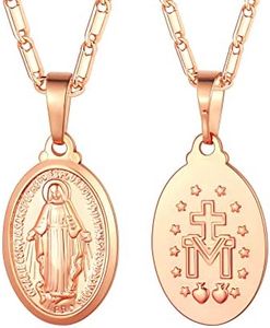 U7 Medalla Milagrosa Santa María Collar Rosado Acero Inoxidable 316L con Cadena Fina Colgantes Ovalados para Amigas Misa Regalo Cumpleaños