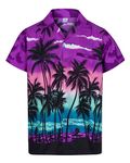 MENS HAWAIIAN SHIRT SHORT SLEEVE STAG BEACH HOLIDAY PALM TREE FANCY DRESS HAWAII - (XL, Purple)