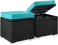 Best Choice Products Set of 2 Wicker Ottomans, Multipurpose Outdoor Furniture for Patio, Backyard, Additional Seating, Footrest, Side Table w/Storage, Removable Cushions - Black/Teal