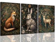 3Pcs Framed william morris animal wall art Fox rabbit sika deer Canvas Posters Prints Forest Wild Animal Pictures Paintings Gothic Botanical Floral Oil Wall Decor for Bedroom （12"x16"x3）