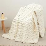 Mooreeke Chunky Knit Blanket 50"x60" White Cream Soft Washable Chenille Throw Blanket Cozy 100% Handmade Crochet Blankets with Jumbo Chenille Yarn for Couch Bed Sofa Room Decor