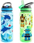 Home Tune 23oz Kids Water Drinking Bottle - BPA Free, Flip Straw Lid Cap, Lightweight, Carry Handle, Leak-Proof Water Bottle with Cute Design For Girls & Boys - 2 Pack Shark & Robot