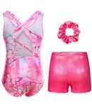 uideazone Girls Gymnastics Leotards Crisscross Back Pink Butterfly Gym Outfit 3 Piece Quick Dry Bodysuit Set With Shorts