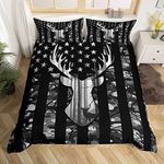 Black Grey Camo Duvet Cover Queen,Camouflage American Flag Bedding Set,Deer Antlers Silhouette Comforter Cover 3 Pcs for Kids Teens Adults Room Decor,Wild Animal Natural Quilt Cover with 2 Pillowcases