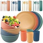 32 Pack Wheat Straw Dinnerware Sets, Unbreakable Tableware Sets for 4, Reusable Dinner Plates, Bowls, Cups Set for Camping, Picnic, RV, Dishwasher & Microwave Safe