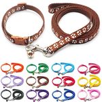 Doggie Style Store Small Dog Puppy Pet Cat Kitten Collar and Lead Set Pawprint Design Nylon Adjustable with Bell Leash Brown