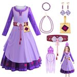 Abitoncc 8PCS Wish Princess Dress Costume for Girls Kids Wish Princess Cosplay Costume Fancy Dress with Belt Necklace for Christmas, School Costume Day, World Book Day Asha Princess Wish Costume 130