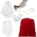 Sunnywood Santa Costume Accessories Set Wig Beard Eyeglasses Bell Bag Gloves, Red, One size