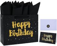 13" Large Black Gift Bag Set with Greeting Card and Tissue Papers (Stars and Gold Foil ‘Happy Birthday’) for Men's or Women's Party, Boys', Girls' or Kids' Birthday Parties, Baby Boy or Girl, Baby