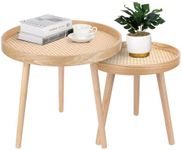 ZYBT Round Coffee Table Set of 2, Natural Boho Coffee Table, Small Mid Century Modern Rattan Coffee Table, Boho Side Table End Tables for Living Room Bedroom Office Balcony, YMXZY04080