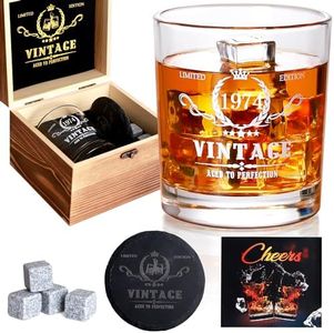 50th Birthday Gifts Men, Vintage 1974 Whiskey Glass Set - 50th Birthday Decorations - 50 Years Anniversary, Bday Gifts Ideas for Him, Dad, Husband, Friends - Wood Box & Whiskey Stones & Coaster