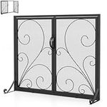 GiantexUK Fire Guard with Double Doors, Heavy Duty Metal Mesh Fireplace Screen with Stands, Decorative Freestanding Spark Guard Safety Barrier for Child Baby Pet Open Fire, Black