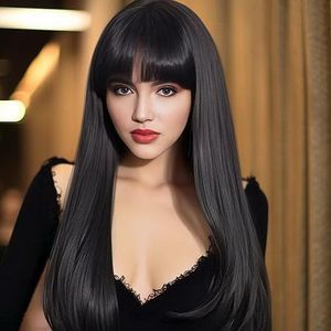 Black Wig with Bangs|Synthetic Wigs for Black Women|Straight Long Black Wig for Girls 27 inch