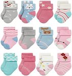 RATIVE Newborn Thick Terry Turn Cuff Socks for Baby Girls (0-3 months, 12-pairs/BG12)