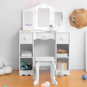 PULLAFUN Kids Vanity, Girls Vanity Table with Mirror, Light,Stool & Drawer, 2 in 1 Wooden Princess Makeup Desk Dressing Table, Toddler Vanity - Ideal for Toddlers