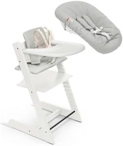 Stokke Tripp Trapp High Chair 2 (White) + Newborn Set + Cushion 2 (Nordic Grey) + Stokke Tray (White) - Includes Chair & Baby Set with Removable Harness for Children 6-36 Months