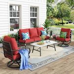 MFSTUDIO 4 Pieces Patio Conversation Sets(5 Seat),Outdoor Metal Furniture Sofas with 1 Loveseat(3 Seat), 2 Swivel Chairs,1 Coffee Table,Wrought Iron with Red Cushion for Patio Courtyard Balcony