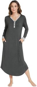 NACHILA Women's Nightgowns-Viscose Made from Bamboo, Long Sleeve Nightshirts Henley Sleepwear Soft Sleepshirt with Pockets Charcoal Heather S