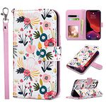 ULAK Compatible with iPhone 12 Wallet Case for Women, Premium PU Leather iPhone 12 Pro Flip Cover with Card Holder, Wrist Strap, Kickstand Shockproof Phone Case for iPhone 12/12 Pro 6.1, Pink Flower