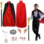 Abitoncc Halloween Vampire Costume Cloak, Black and Red Cape, Elf Ears, Cane and Vampire Necklace for Vampire Halloween Costume Women Men Vampire Cape Costume Kids Unisex Adult