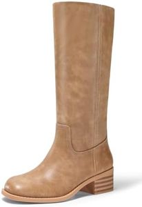 Coutgo Women's Knee High Boots Square Toe Chunky Block Heel Tall Boots Comfortable Low Heel Shoes, Light Brown, Size 9