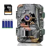 Trail Camera 24MP 1296P, Game Camera with No Glow Night Vision Motion Activated IP66 Waterproof for Wildlife Monitoring, 0.2s Trigger Time,120° Wide Camera Lens, Free 64GB SD Card & 4*Batteries