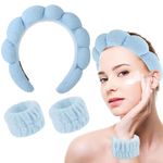 YUXIANLB Sponge Spa Headbands for Washing Face Puffy Makeup Removal Headband Wristband Set for Women Girls Terry Towel Cloth Non Slip Headwear Bubble Skincare Padded Shower Headband for Facials (Blue)